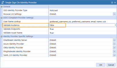 The Single Sign On Identity Provider dialog box has a grid with row headings that have a blue background with blue text and can be expanded to display fields with a white background and black text. In this example, in the OIDC Compliant Provider Settings section, Validate Audience is highlighted to show that it is set to False.